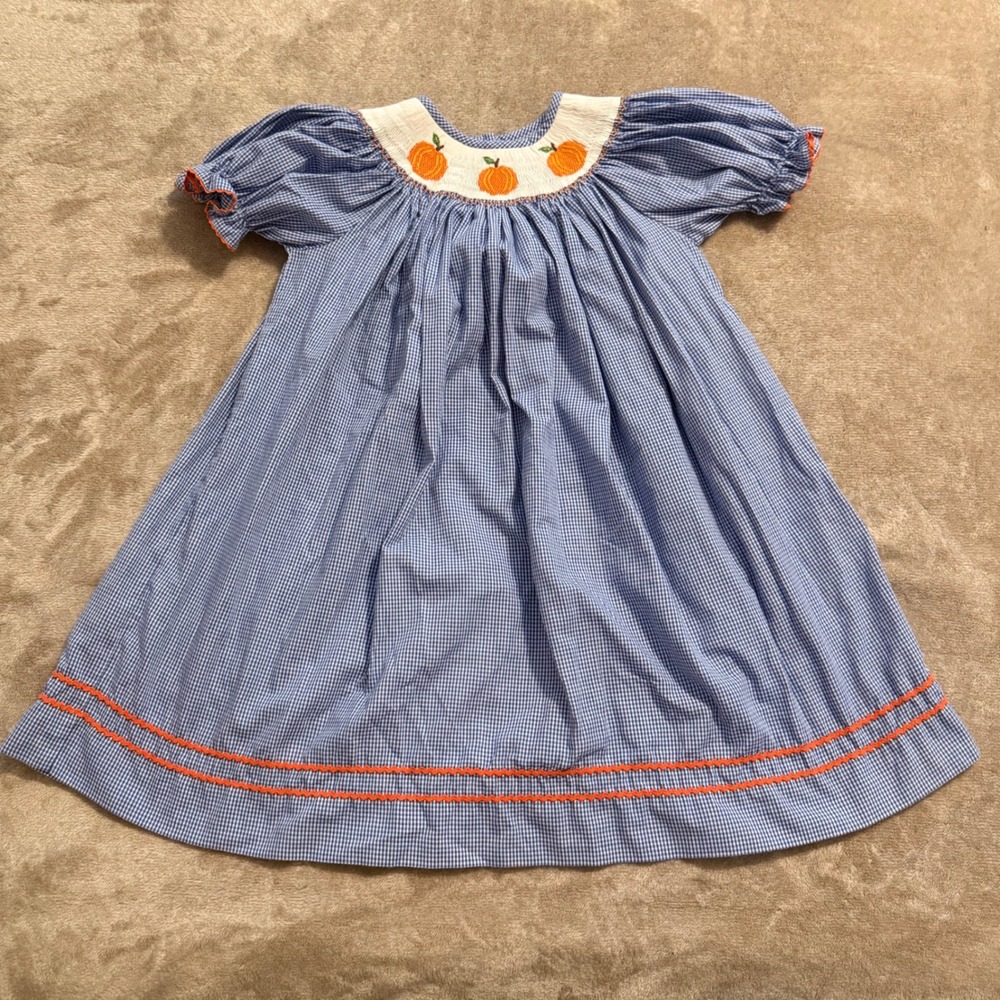 Southern Smocked Company Girls Blue Gingham Pumpkin Smocked Dress Size 5 Fall